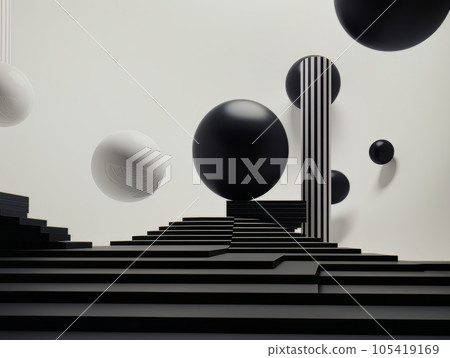 Abstract minimalistic contrast black and white scene with geometric shapes. 3D visualization AI 105419169