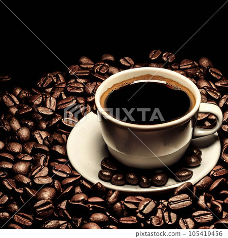 coffee beans around coffee cup in a black background. 105419456