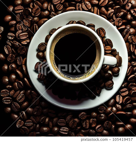 coffee beans around coffee cup in a black background. 105419457