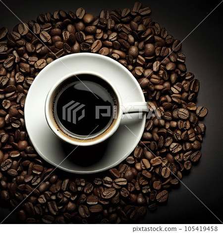 coffee beans around coffee cup in a black background. 105419458