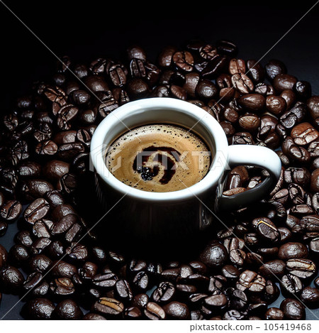 coffee beans around coffee cup in a black background. 105419468