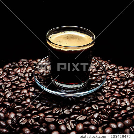 coffee beans around coffee cup in a black background. 105419473