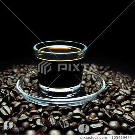 coffee beans around coffee cup in a black background. coffee beans around coffee cup in a black background. 105419474