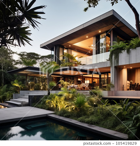 Modern luxury house concrete wood 105419829