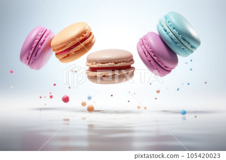 Macaroons in motion falling. Sweet colorful french macaroons levitation in the air. Generative AI 105420023
