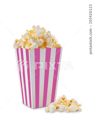 Pink white striped carton bucket with tasty cheese popcorn, isolated on white background 105420123