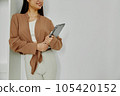 Unrecognizable smiling woman holding laptop isolated on white. 105420152