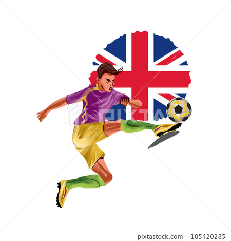 Football player kicking the ball on the background of the flag of England. Vector illustration. Sports banners, flyers, invitations, clothes. Football player kicking the ball on the background of the flag of England. Vector illustration. Sports banners, flyers, invitations, clothes. 105420285