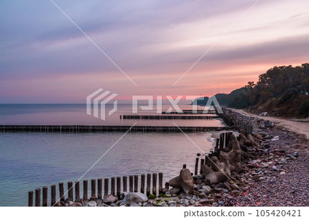 View on beach of Baltic sea in Svetlogorsk at sunrise. Kaliningrad region. Russia 105420421