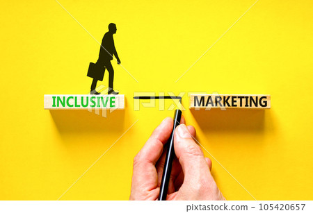 Inclusive marketing symbol. Concept words Inclusive marketing on beautiful wooden block. Beautiful yellow table yellow background. Businessman hand. Business inclusive marketing concept. Copy space. 105420657