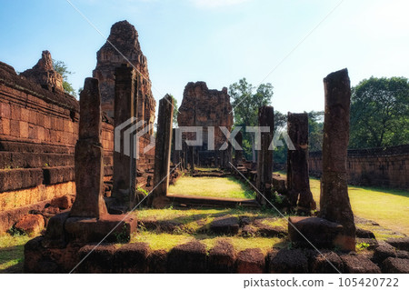 High-definition photograph capturing the ancient columns standing in the courtyard of the abandoned Hindu temple, Pre Rup. High-definition photograph capturing the ancient columns standing in the courtyard of the abandoned Hindu temple, Pre Rup. 105420722