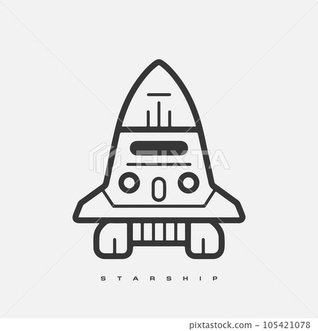 Starship logo. Space satelite retro shuttle moon discovery logotypes of observatory vector badges isolated. Shuttle and satellite, spaceship and rocket adventure illustration 105421078