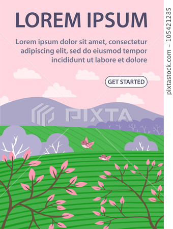 Cute illustration spring landscape with fields and forests Cute illustration spring landscape with fields and forests 105421285