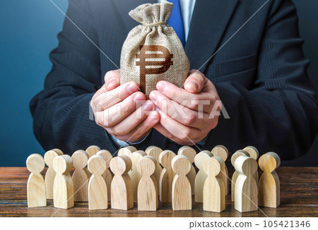 Businessman holds out a philippine peso money bag to the crowd. Official. Staff maintenance. Financial support. Tax collection. Compensation payments. Providing money, paying salaries, grants. 105421346