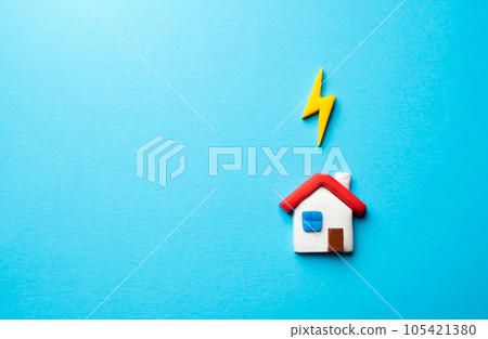 The house is connected to the electrical network. Utilities supplies services. Household powered by an energy source. Efficient use of electricity to reduce costs. Thunderstorm alert 105421380