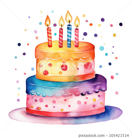 Watercolor vibrant birthday cake isolated 105421514