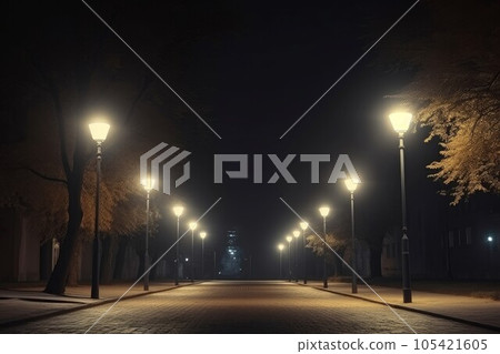 Night street light. Dark asphalt empty. Generate Ai Night street light. Dark asphalt empty. Generate Ai 105421605