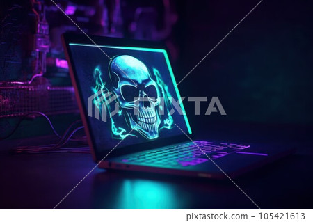 Neon laptop skull hacker. Virus cyber. Generate Ai 105421613