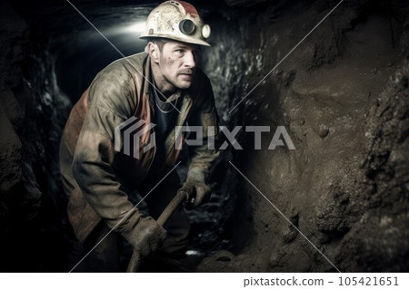Miner digging mine drill. Worker gold. Fictional person. Generate Ai Miner digging mine drill. Worker gold. Fictional person. Generate Ai 105421651