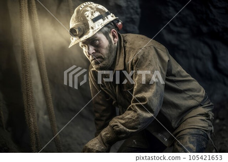 Miner digging mine. Coal work dig. Fictional person. Generate Ai 105421653