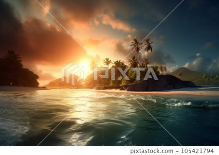 Tropical island sunset. Sea sunrise. Generate Ai 105421794