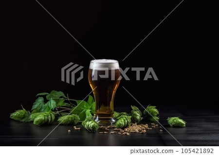 Glass beer green hops bitter. Plant hop. Generate Ai Glass beer green hops bitter. Plant hop. Generate Ai 105421892