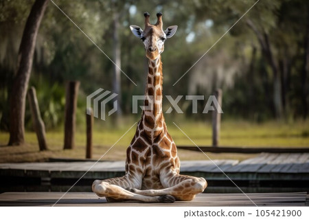 Giraffe practice yoga. Animal party. Generate Ai 105421900