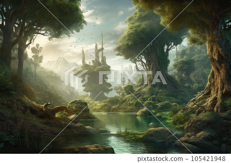 Fabulous tree nature garden. Leaf magic art. Generate AI 105421948