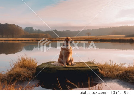 Dog sit near river. Cute outdoor animal. Generate Ai 105421991