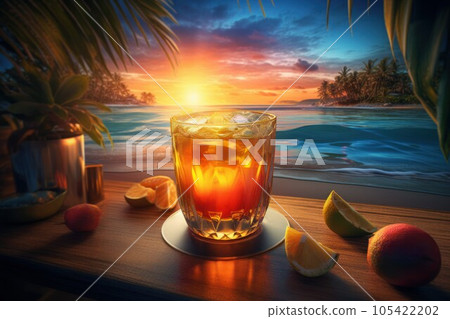 Beach cocktail ocean sunset. Bar food. Generate AI Beach cocktail ocean sunset. Bar food. Generate AI 105422202