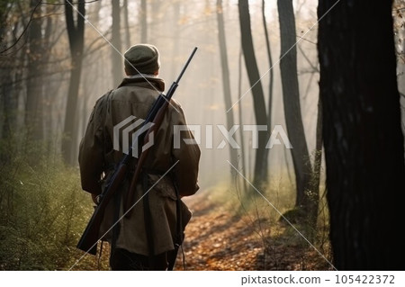 Back view man hunter forest fog. Animal wildlife. Generate Ai Back view man hunter forest fog. Animal wildlife. Generate Ai 105422372