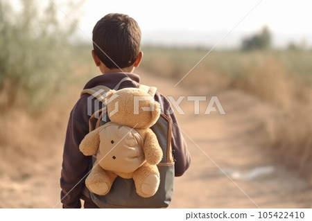 Back view kid refugee wtih teddy bear. Tent camp. Generate Ai 105422410