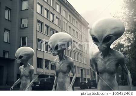 Aliens in a city. Futuristic fiction attack. Generate Ai 105422468