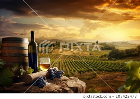 Wine table vineyard sunset. Eating food. Generate Ai Wine table vineyard sunset. Eating food. Generate Ai 105422478