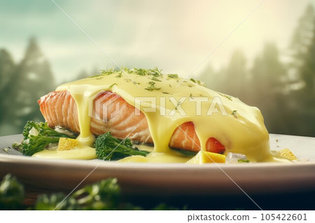 Grilled salmon food nature. Lemon dish. Generate Ai 105422601