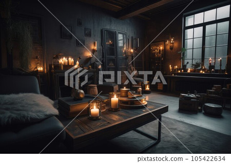 Cyberpunk living room with candles light. Apartment night. Generate Ai 105422634