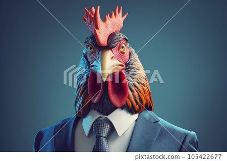 Anthropomorphic rooster in business suit. Chicken farm. Generate Ai 105422677