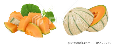 Cantaloupe melon pieces isolated on white background with full depth of field. Cantaloupe melon pieces isolated on white background with full depth of field. 105422749