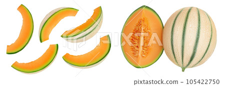 Cantaloupe melon isolated on white background with full depth of field. Top view. Flat lay Cantaloupe melon isolated on white background with full depth of field. Top view. Flat lay 105422750