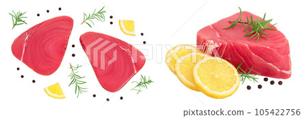 Fresh tuna fish fillet steak with rosemary, lemon and peppercorns isolated on white background . Top view. Flat lay 105422756