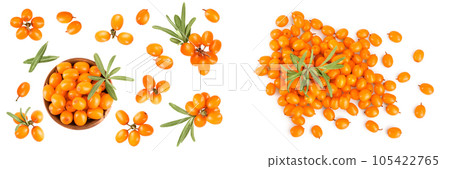 Sea buckthorn. Fresh ripe berry with leaves in wooden bowl isolated on white background. Top view. Flat lay pattern 105422765