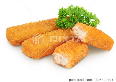 Fish finger or stick with parsley isolated on white background with full depth of field Fish finger or stick with parsley isolated on white background with full depth of field 105422793