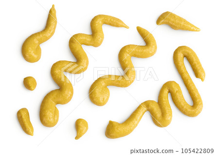 Mustard sauce isolated on white background. Top view. Flat lay Mustard sauce isolated on white background. Top view. Flat lay 105422809