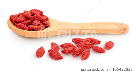 Dried goji berries in wooden spoon isolated on white background with full depth of field 105422825