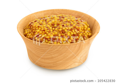 french mustard in wooden bowl isolated on white background with full depth of field 105422830