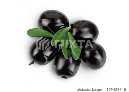 Black olives with leaves isolated on a white background with full depth of field. Top view. Flat lay 105422846