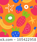 Tropical fruit print, bright bold background, banana, kiwi, strawberry, orange fruits and berries, abstract illustrations, vector tile, seamless pattern 105422958