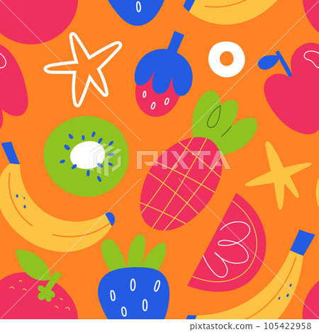 Tropical fruit print, bright bold background, banana, kiwi, strawberry, orange fruits and berries, abstract illustrations, vector tile, seamless pattern Tropical fruit print, bright bold background, banana, kiwi, strawberry, orange fruits and berries, abstract illustrations, vector tile, seamless pattern 105422958