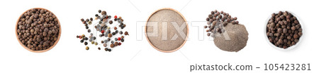 Set of ground pepper and grains on white background, top view. Banner design Set of ground pepper and grains on white background, top view. Banner design 105423281