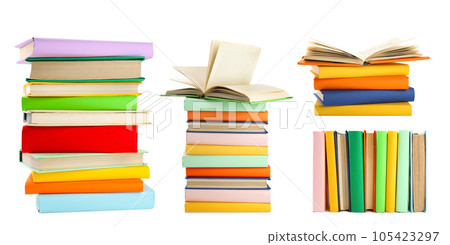 Set of different bright hardcover books on white background 105423297
